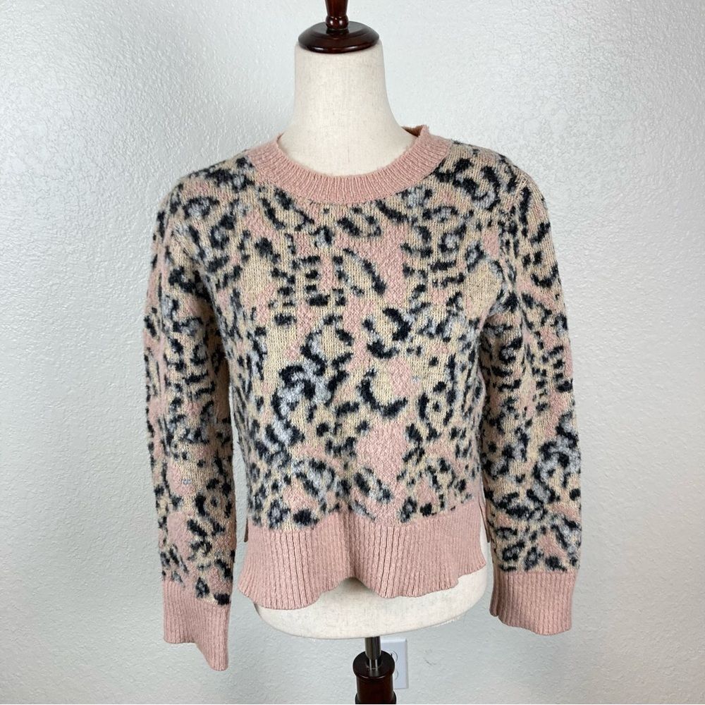 AllSaints Animal Print Cropped‎ Aurora Crew Fuzzy Pink Leopard Sweater Women’s S